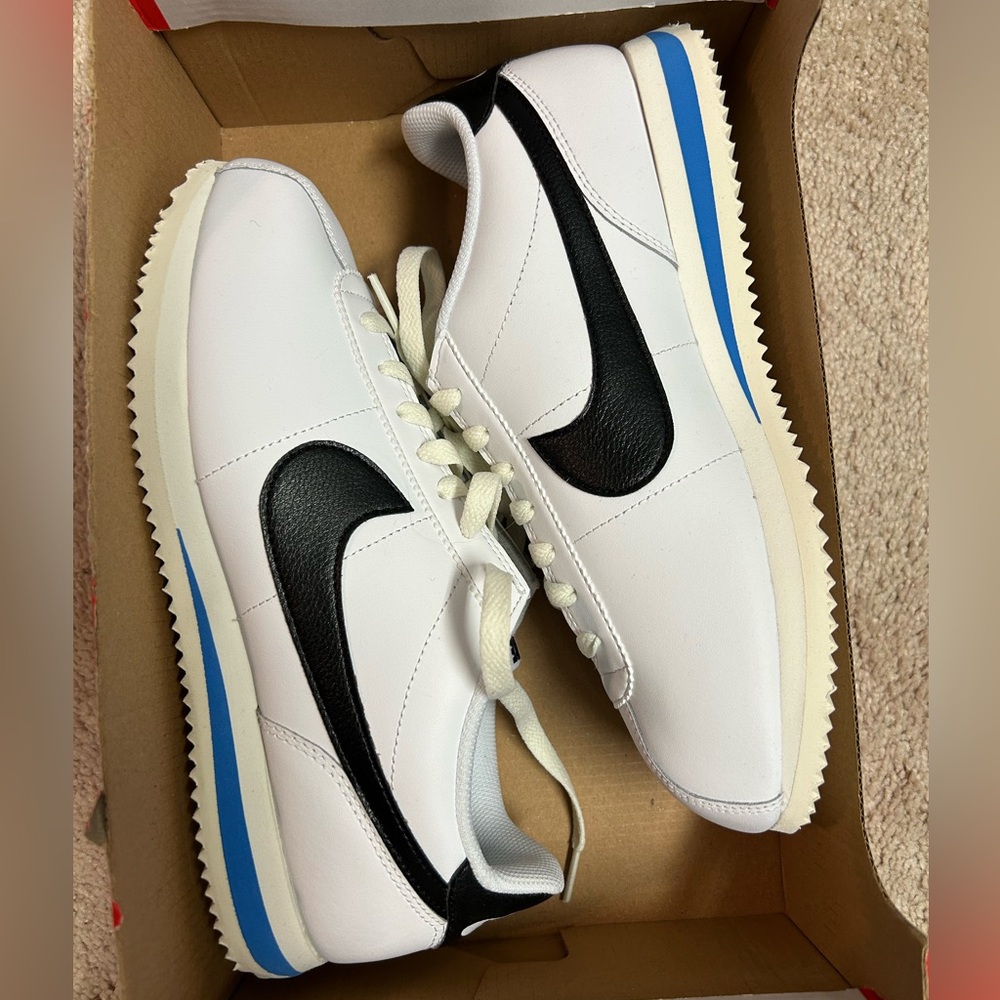 New Nike Cortez White and Black with Blue Accent